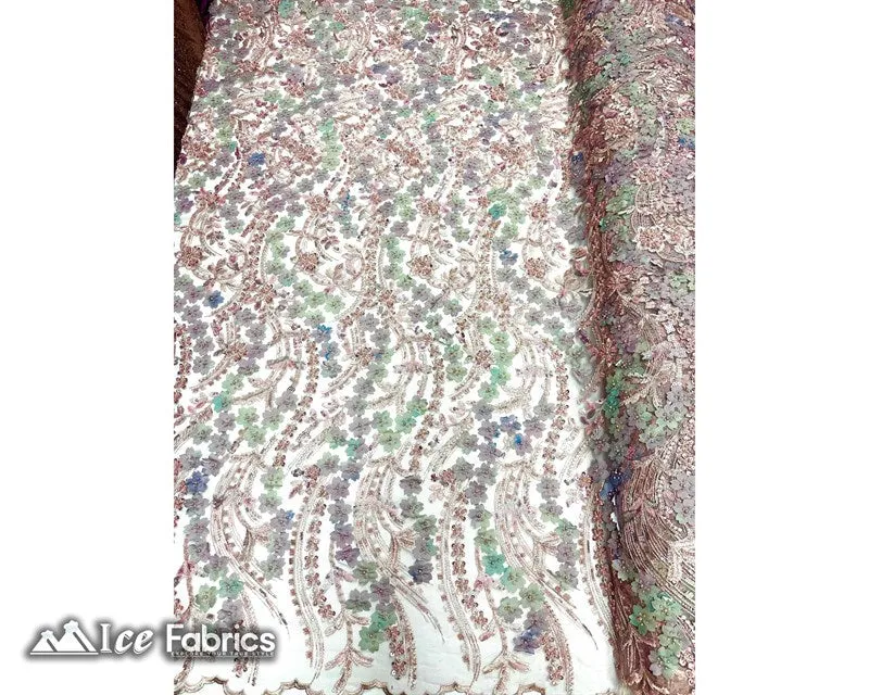 3D Flowers Floral Beaded Fabric | Sequin Lace on Mesh