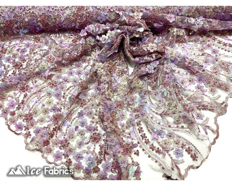 3D Flowers Floral Beaded Fabric | Sequin Lace on Mesh