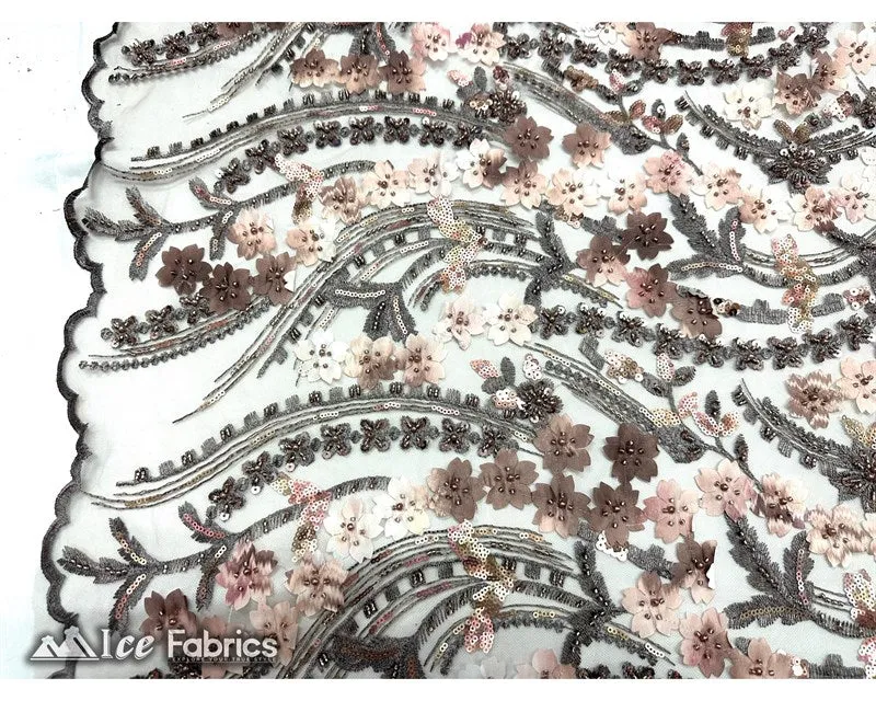 3D Flowers Floral Beaded Fabric | Sequin Lace on Mesh