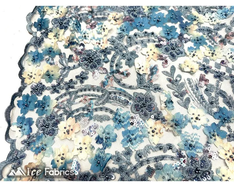 3D Flowers Floral Beaded Fabric | Sequin Lace on Mesh