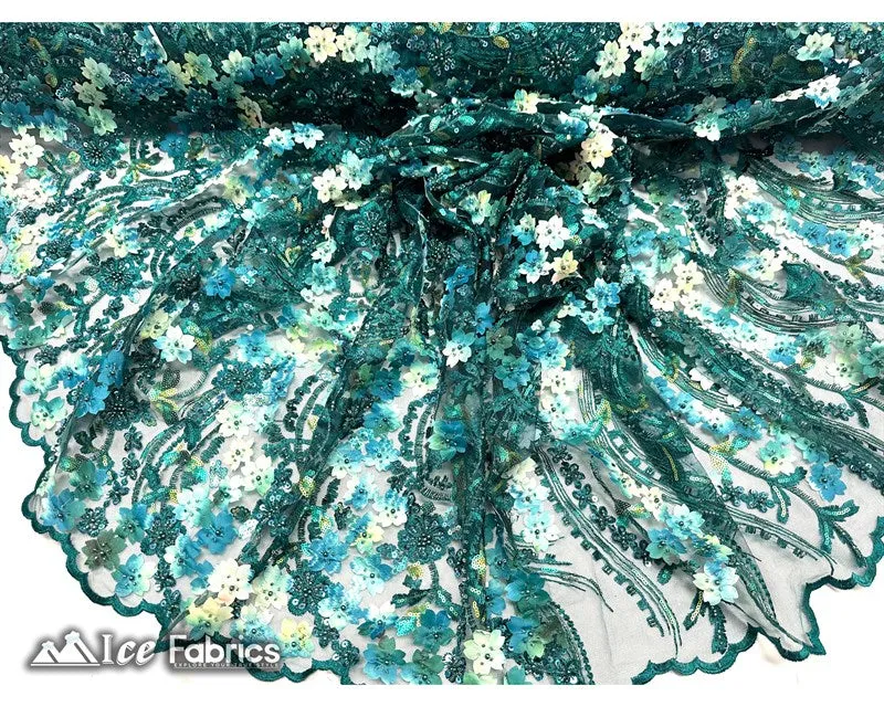 3D Flowers Floral Beaded Fabric | Sequin Lace on Mesh