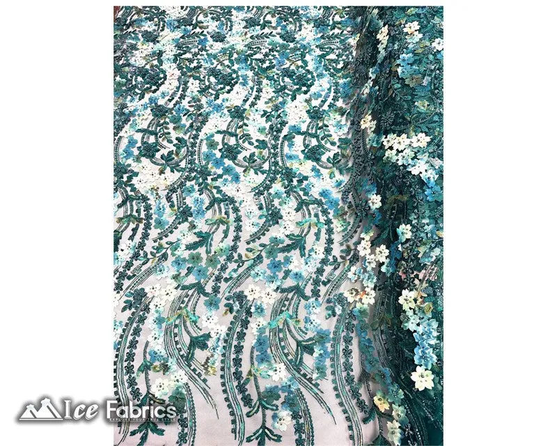 3D Flowers Floral Beaded Fabric | Sequin Lace on Mesh