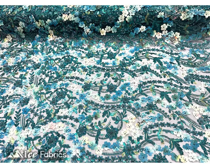 3D Flowers Floral Beaded Fabric | Sequin Lace on Mesh