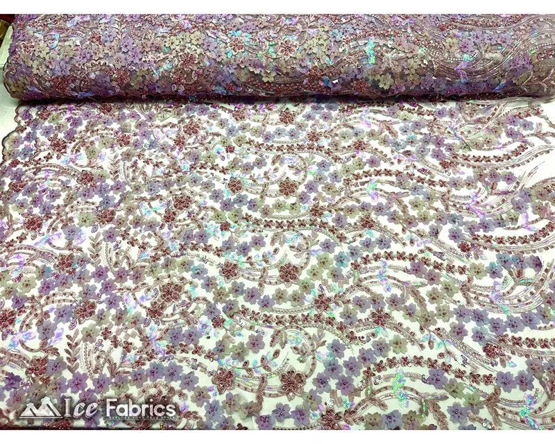 3D Flowers Floral Beaded Fabric | Sequin Lace on Mesh