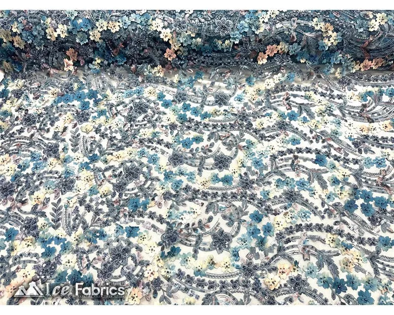 3D Flowers Floral Beaded Fabric | Sequin Lace on Mesh