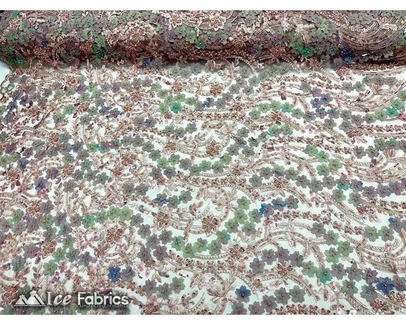 3D Flowers Floral Beaded Fabric | Sequin Lace on Mesh