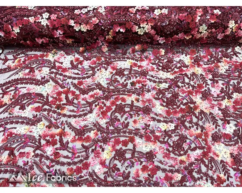 3D Flowers Floral Beaded Fabric | Sequin Lace on Mesh