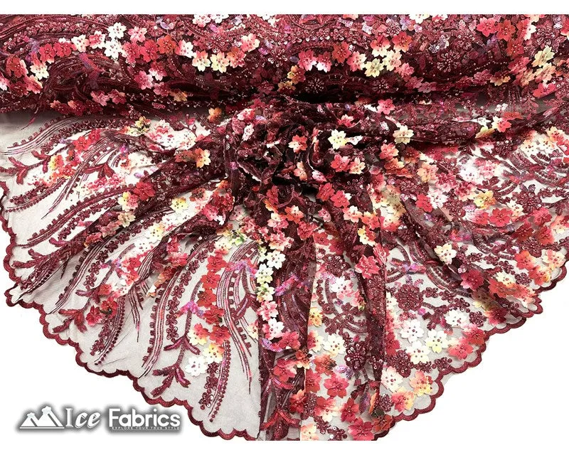 3D Flowers Floral Beaded Fabric | Sequin Lace on Mesh