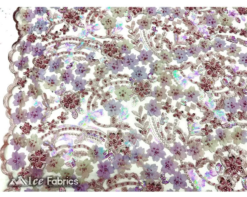 3D Flowers Floral Beaded Fabric | Sequin Lace on Mesh