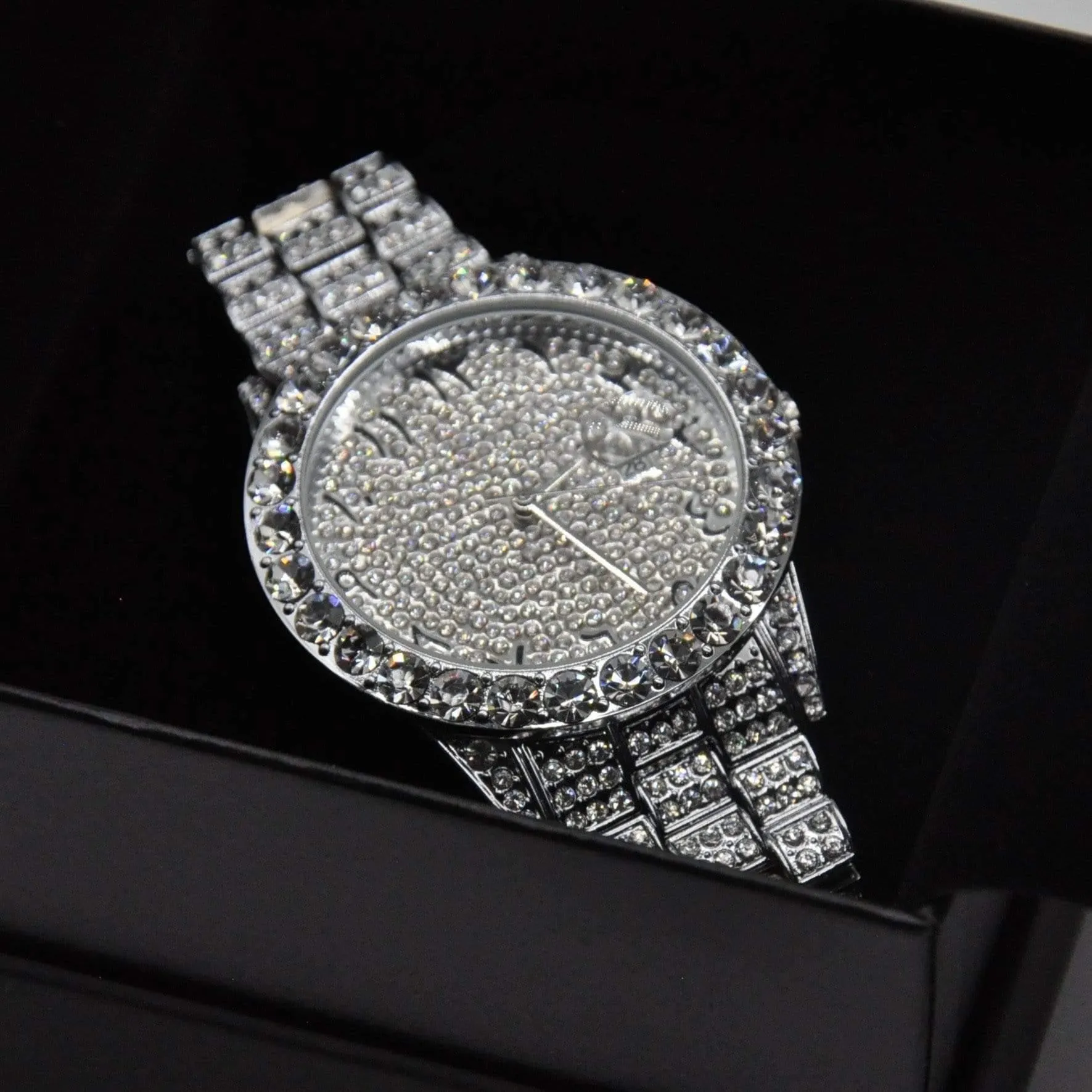 Arabic Dial Diamond Simulant Watch - Silver