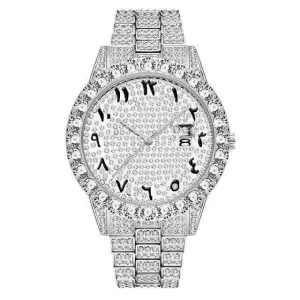 Arabic Dial Diamond Simulant Watch - Silver