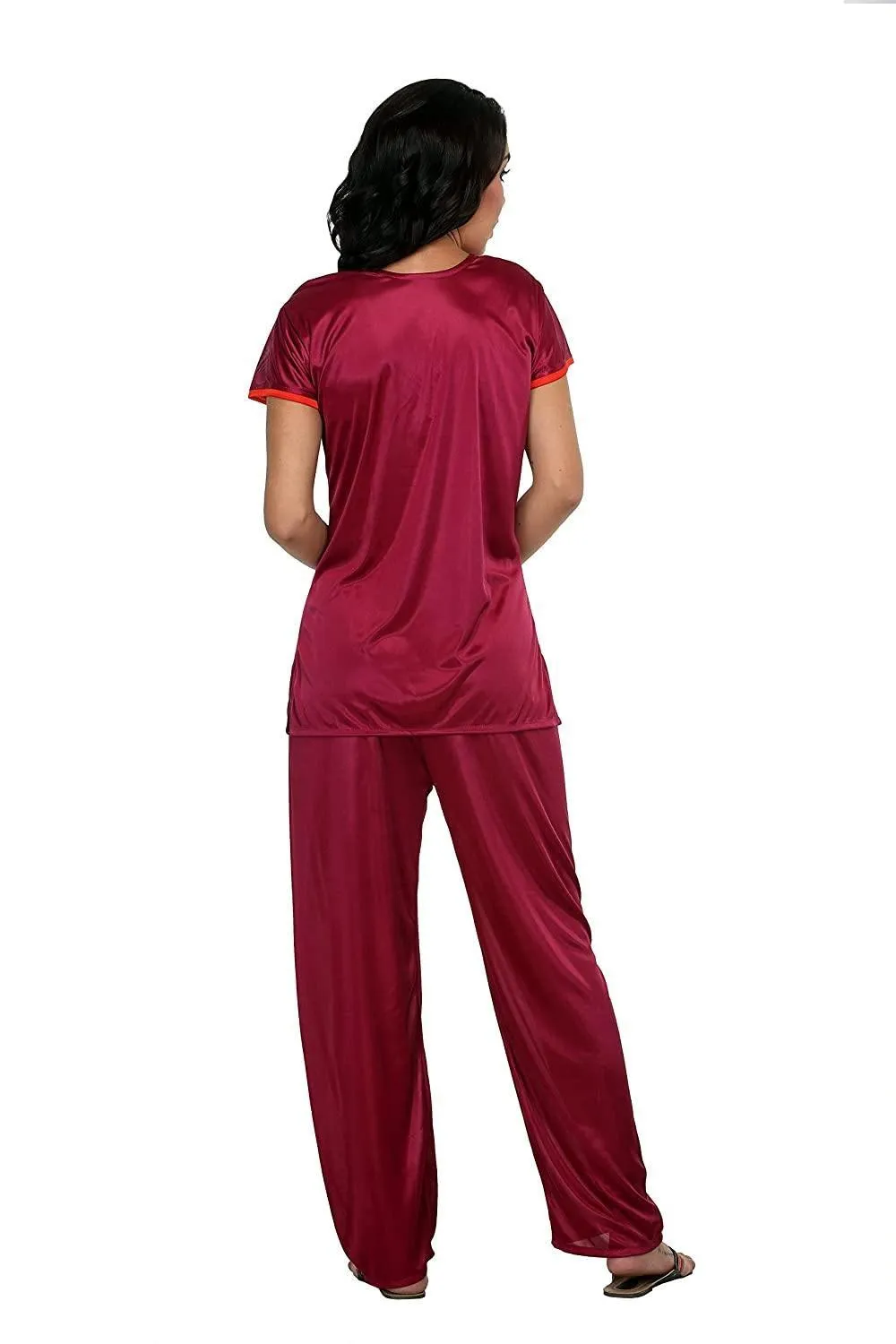 Designer mart women's Satin Top & Pyjama,Night Dress - Set of 2( Cherry, Free Size)