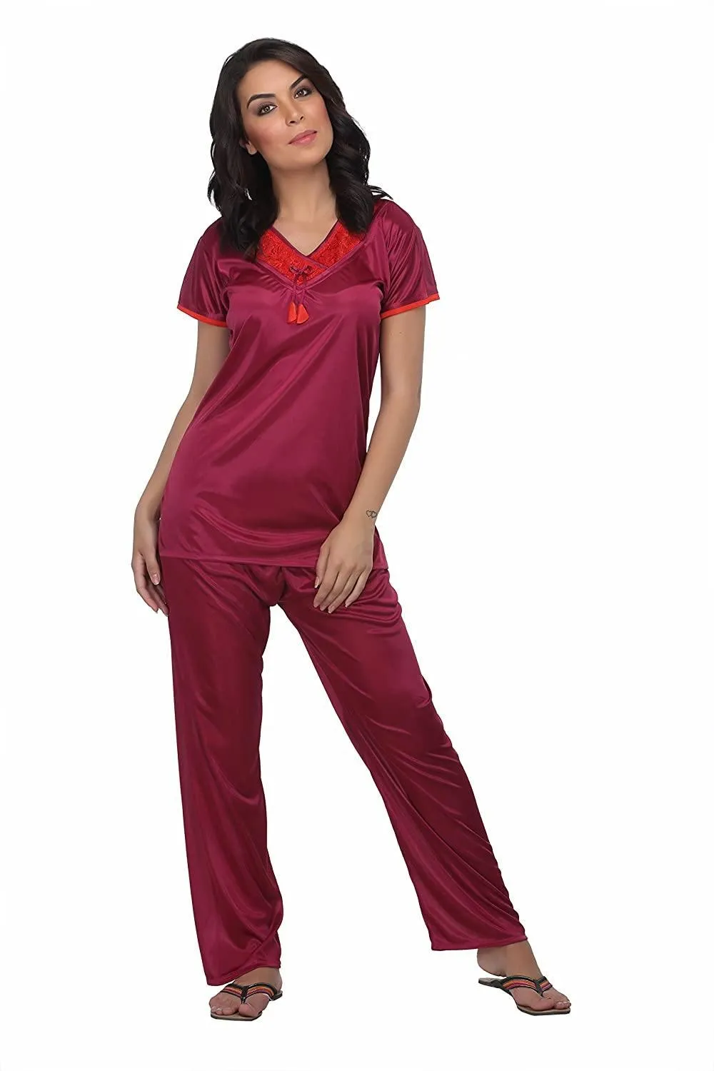 Designer mart women's Satin Top & Pyjama,Night Dress - Set of 2( Cherry, Free Size)