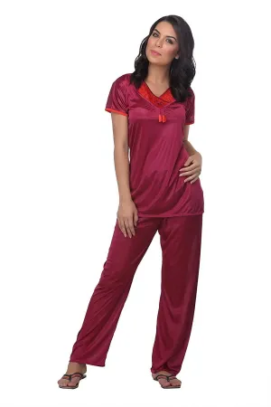 Designer mart women's Satin Top & Pyjama,Night Dress - Set of 2( Cherry, Free Size)