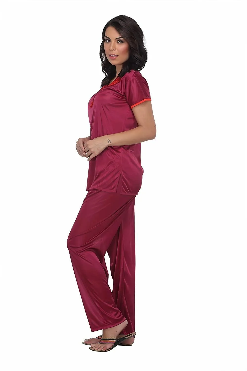 Designer mart women's Satin Top & Pyjama,Night Dress - Set of 2( Cherry, Free Size)