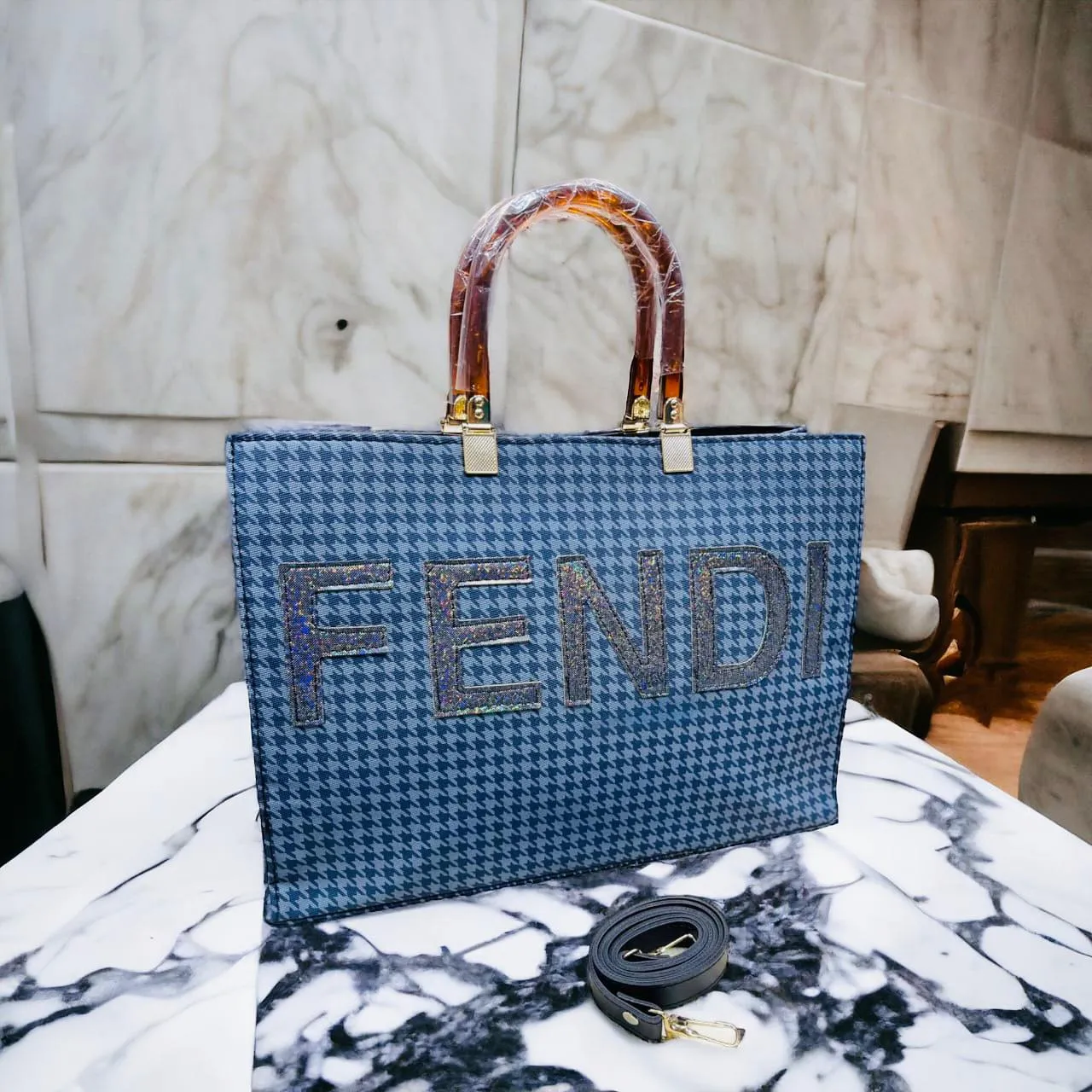 Fendi Tote Bag with Acrylic Handle (Blue)