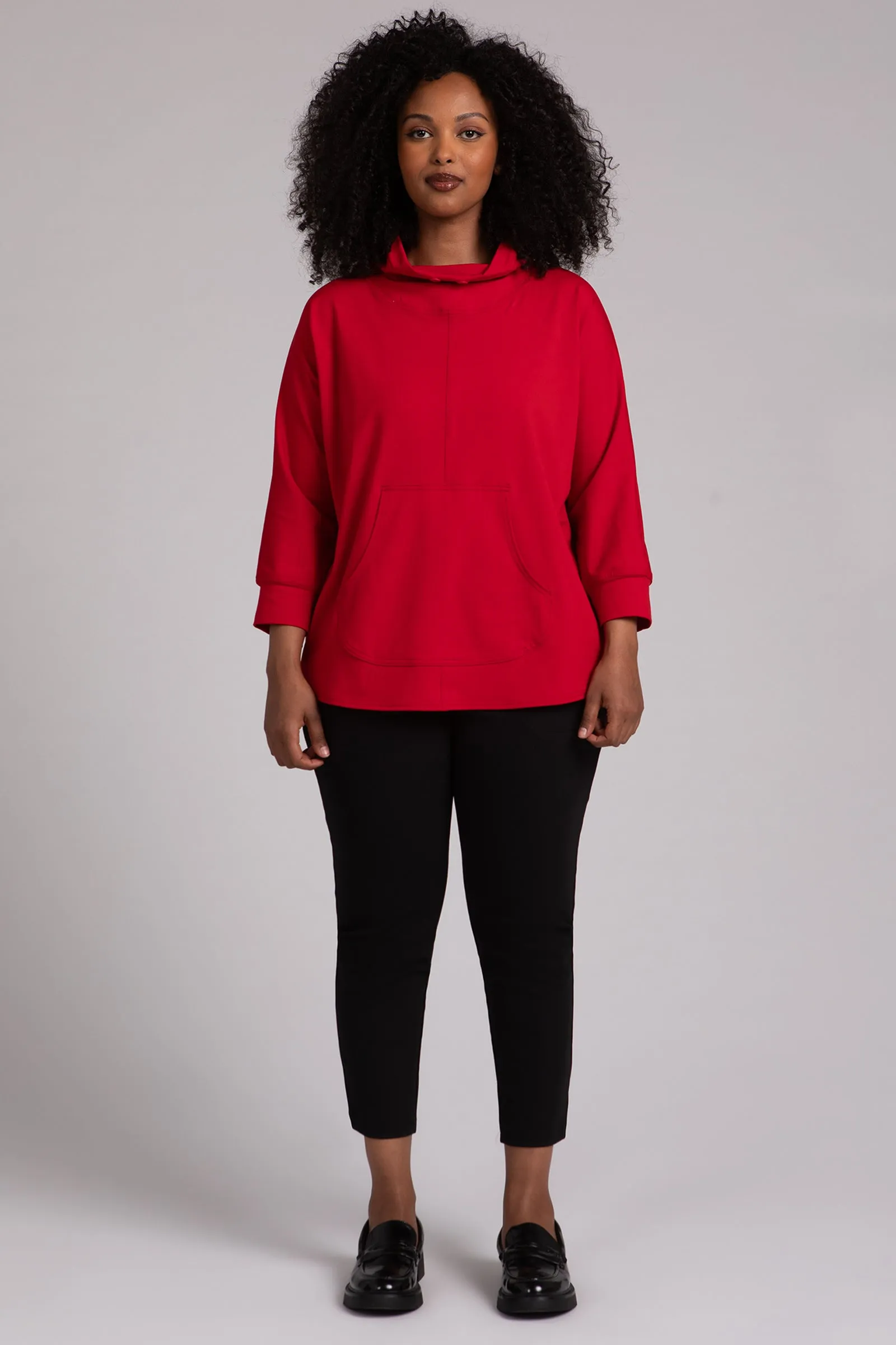 Fleece Back Jersey Funnel Neck Pullover with Kangaroo Pocket | Poppy