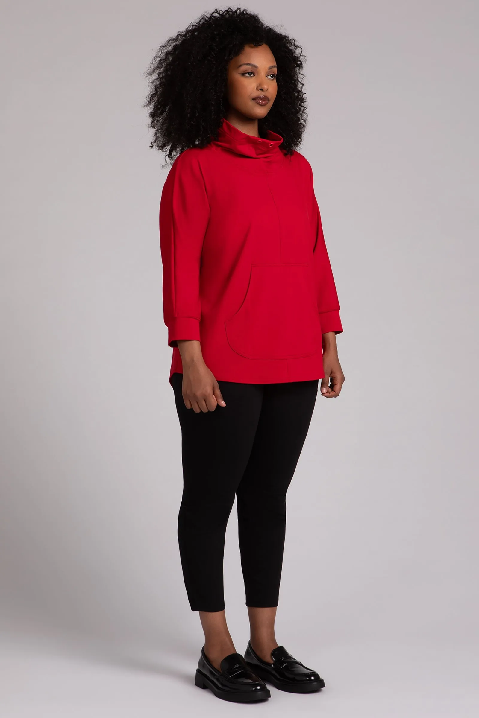 Fleece Back Jersey Funnel Neck Pullover with Kangaroo Pocket | Poppy