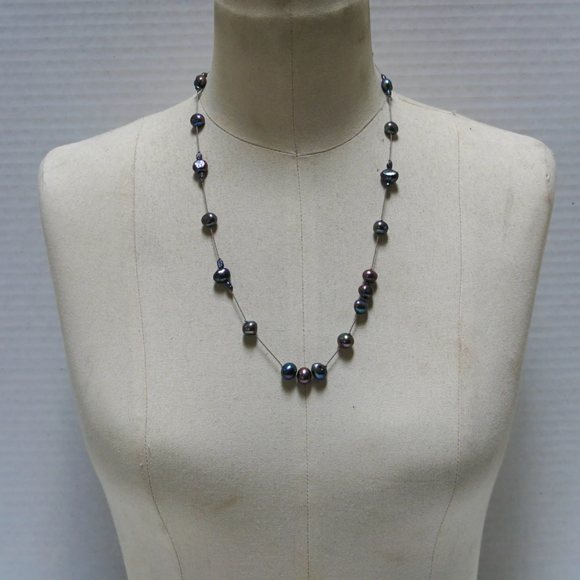 Floating Design Peacock Blue-Gray Freshwater Pearl Necklace