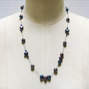 Floating Design Peacock Blue-Gray Freshwater Pearl Necklace