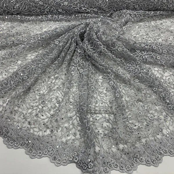 Floral Lace Beaded Fabric With Sequin On A Mesh By The Yard