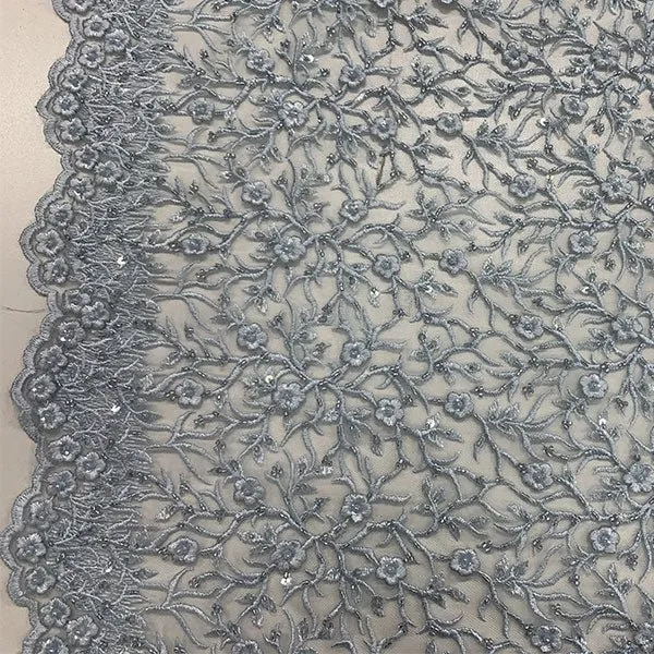 Floral Lace Beaded Fabric With Sequin On A Mesh By The Yard