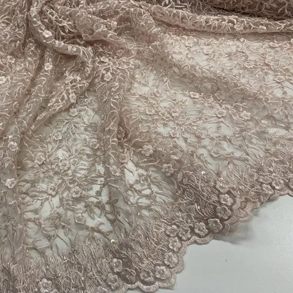 Floral Lace Beaded Fabric With Sequin On A Mesh By The Yard