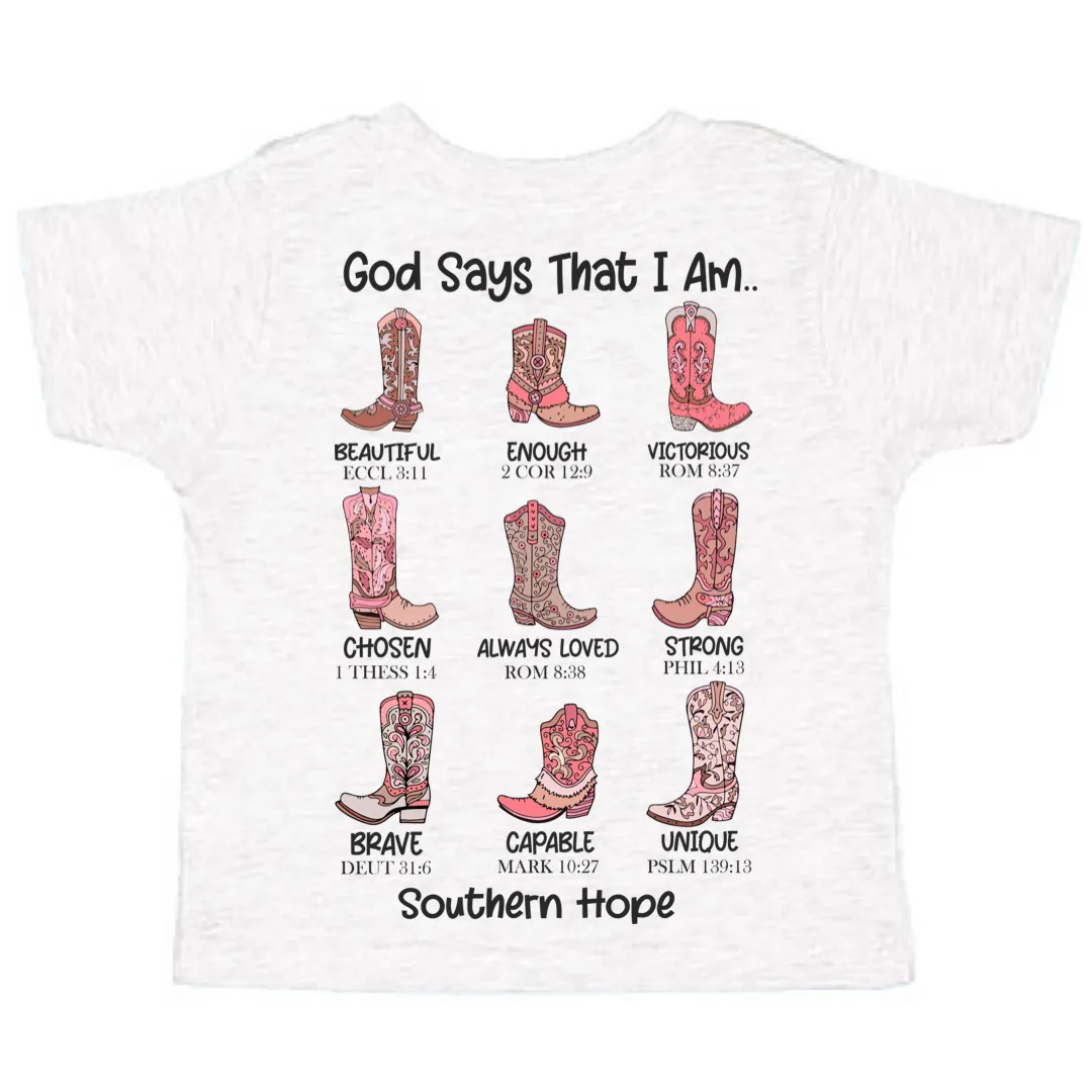 (GIRLS) God Says That I Am (Boots) Short Sleeve Kids Tee (D)