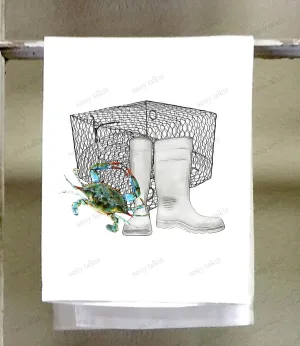 Kitchen towel, Blue Crab and crab trap with white shrimp boots