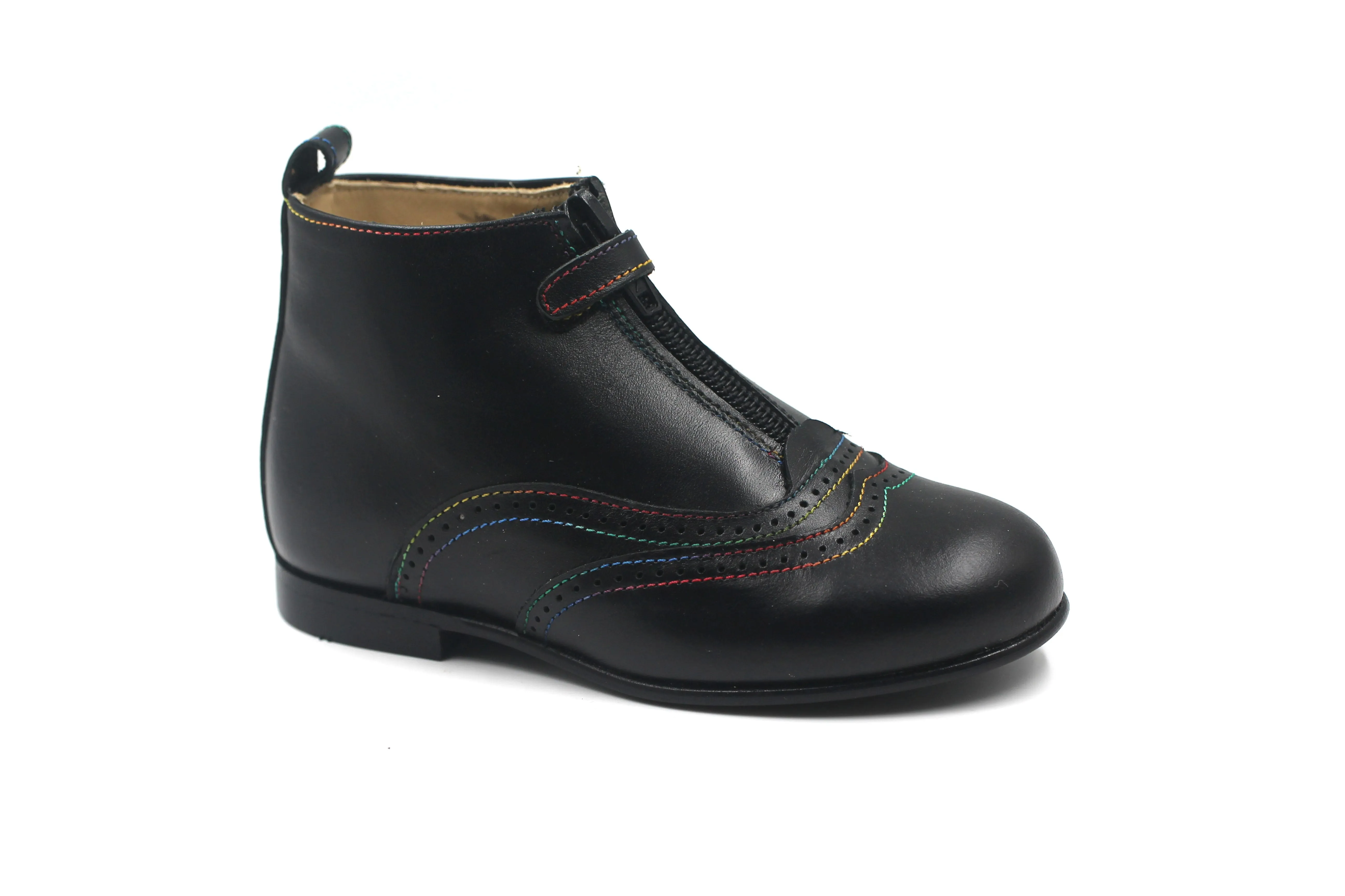 LMDI Black Leather Multicolor Stitching Wingtip Bootie