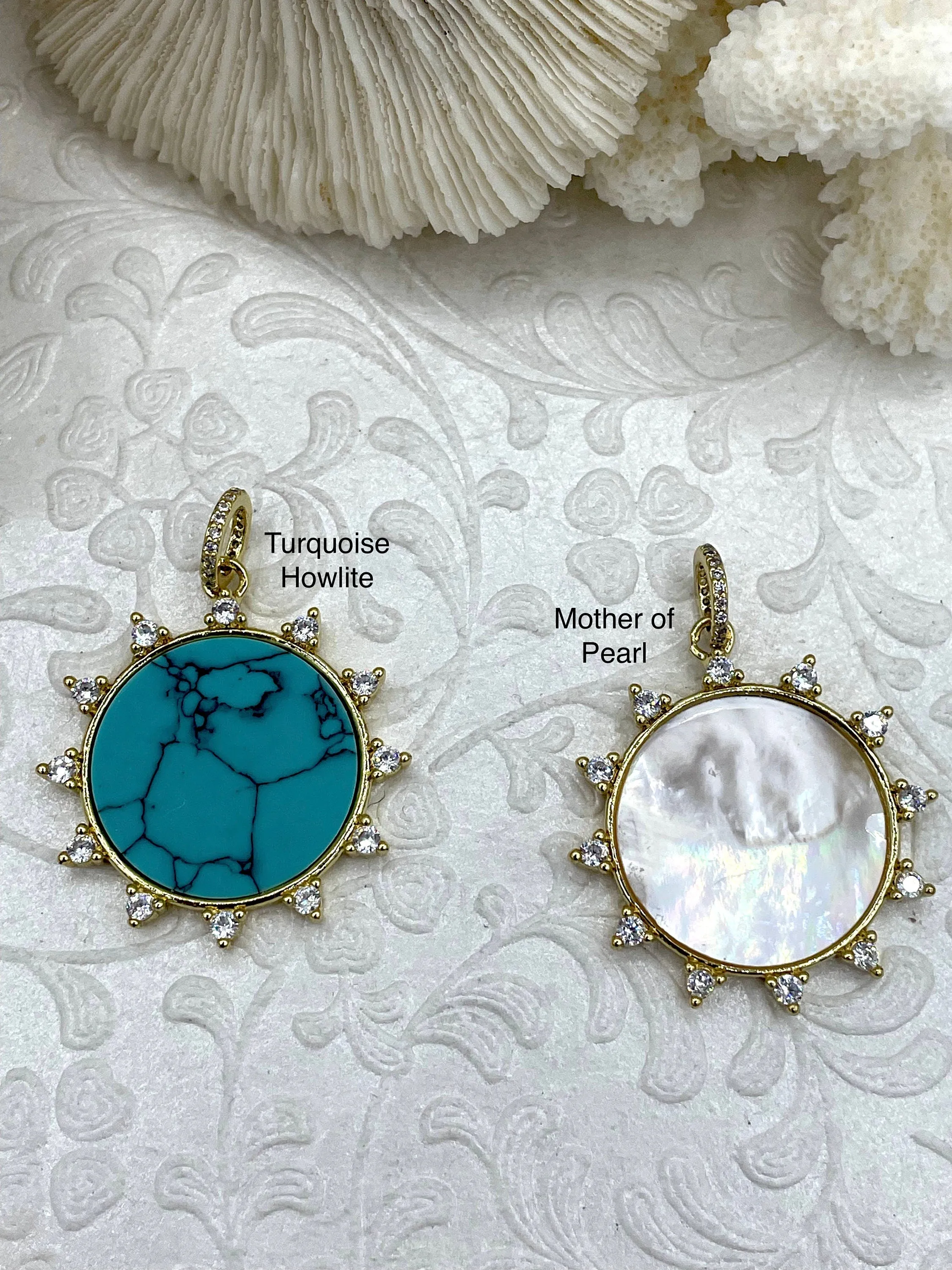 Turquoise Pendant with CZ, Mother of Pearl Round Spike CZ Charm Cubic Zirconia, Brass Mother of Pearl and Howlite Pendant, 2 style Fast Ship